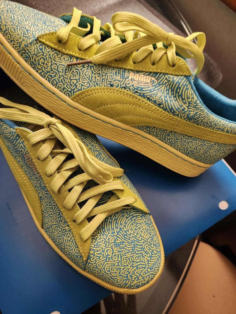 Puma Women's Teal & Lime Yellow Classic Sneakers.